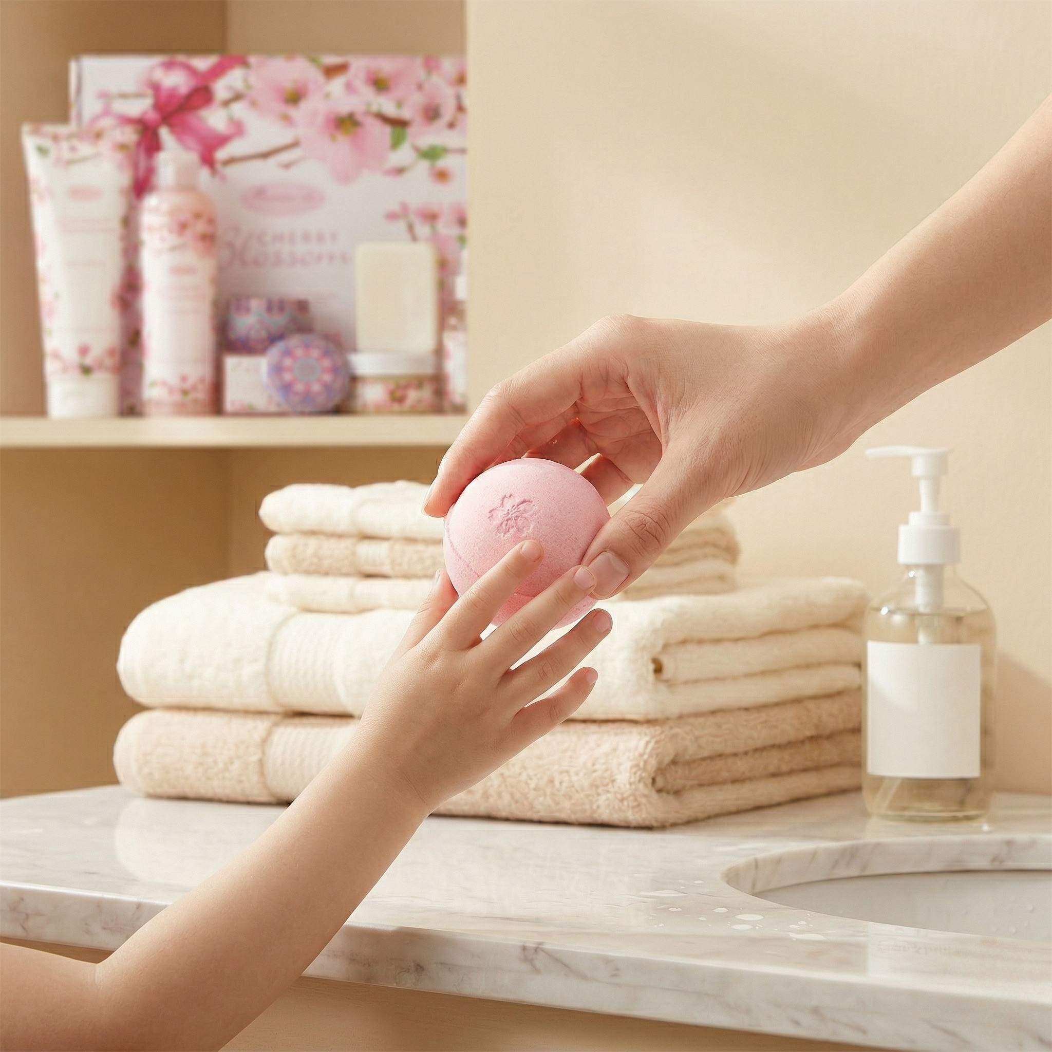 A heartwarming, bright lifestyle photograph in a family bathroom. An adult hand is gently passing the bath bomb in the uploaded picture to a toddler’s smaller hand. The setting is warm and inviting with soft beige tones, fluffy stacked towels.