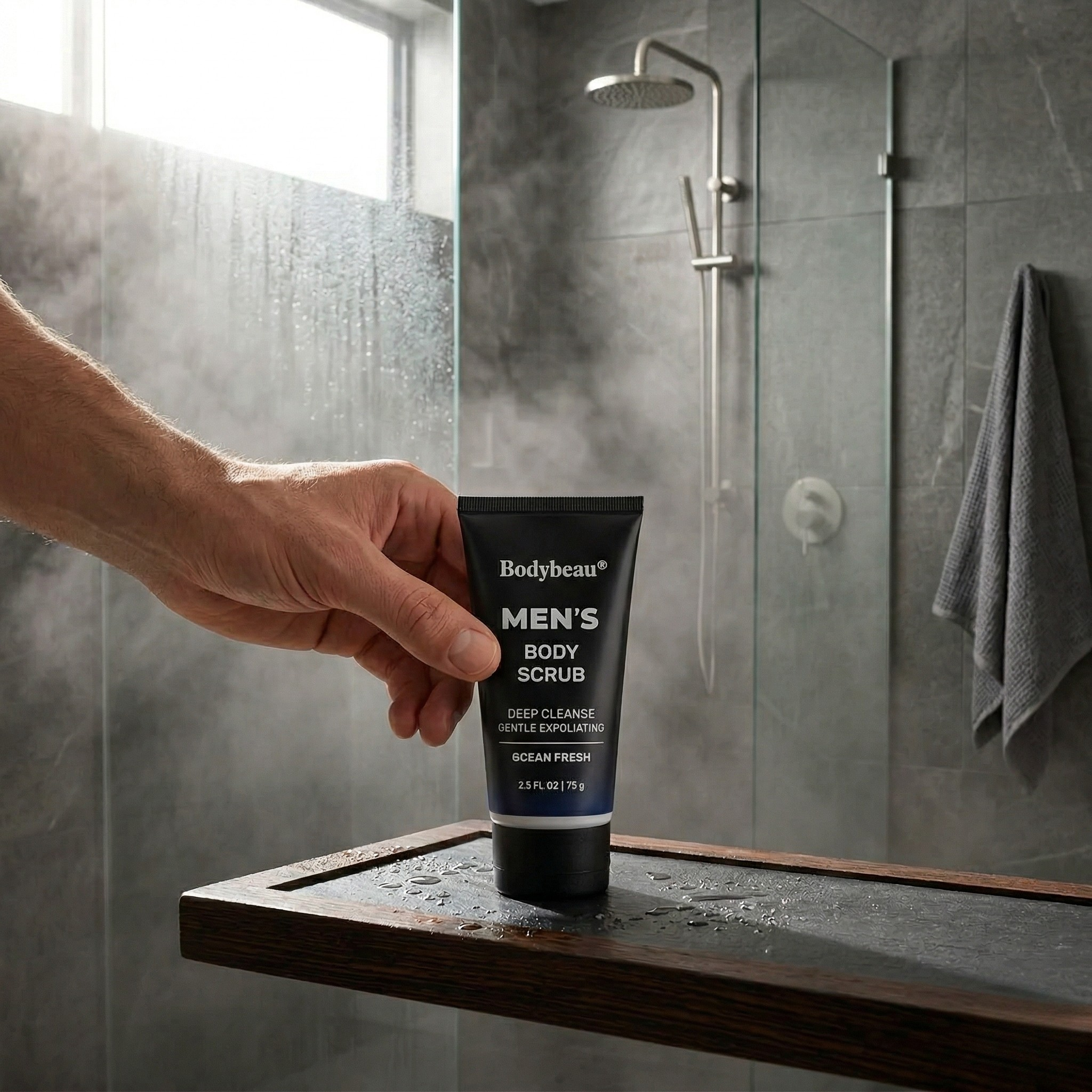 A professional commercial photograph of a man’s hand reaching for the men's body scrub in the uploaded picture on a dark slate or wooden bathroom shelf. The background is a steamy, high-end walk-in shower with glass doors. 