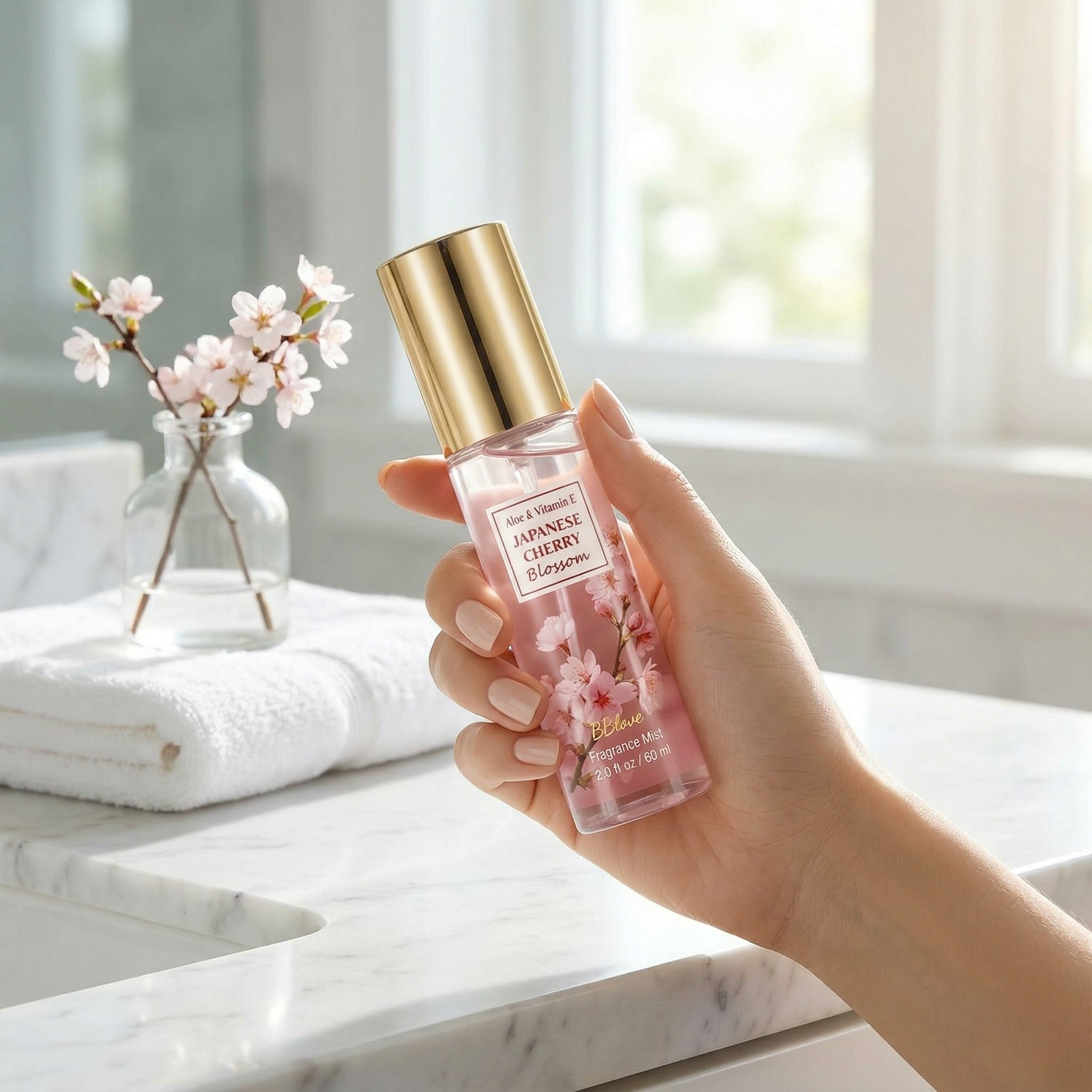 A woman’s hand with a clean, minimalist manicure is elegantly holding the bottle of mist spray.