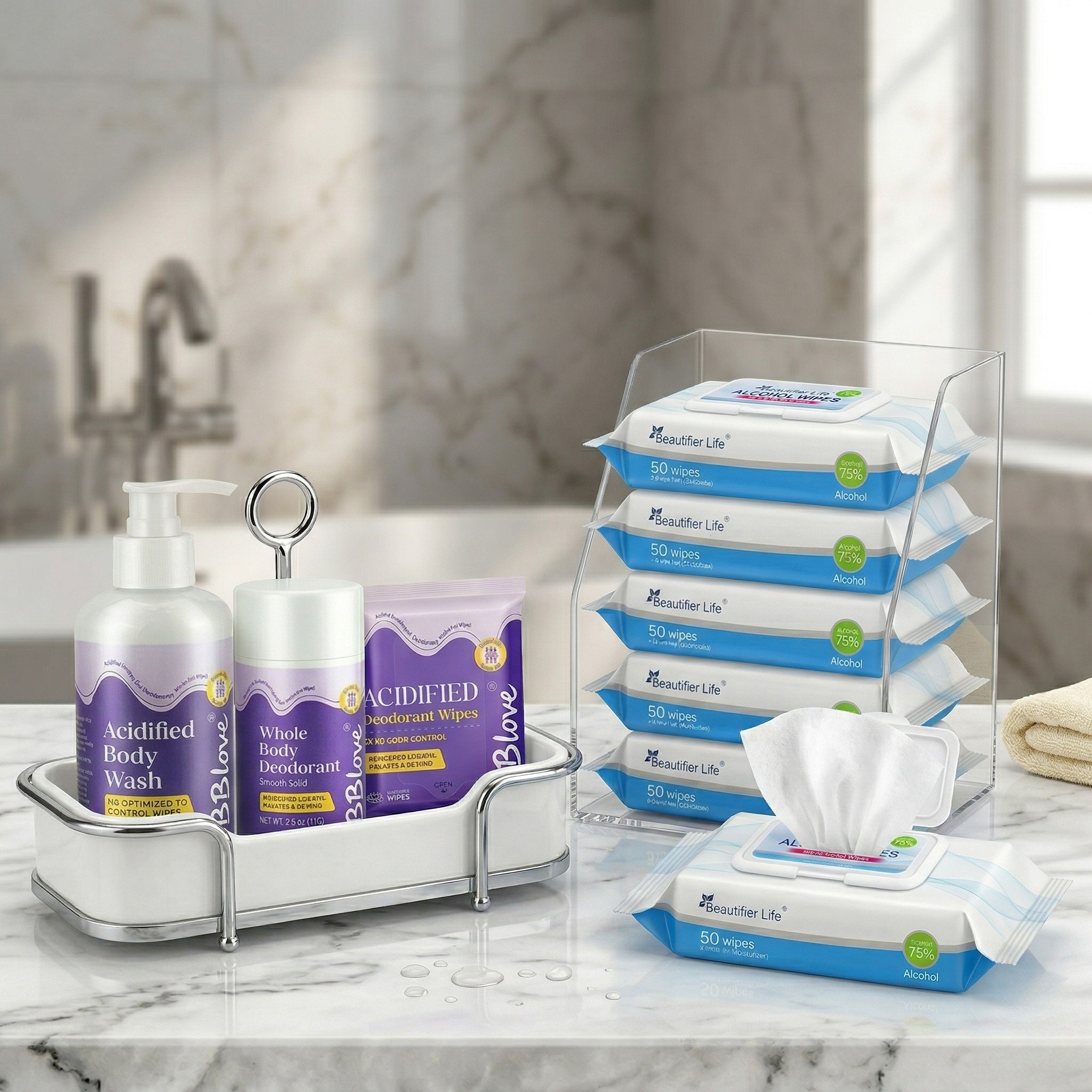 top offers in the bblove website including acidified body care and alcohol wet wipes stacked in bathroom organizers.