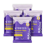 Multiple packages of Acidified Deodorant Wipes with purple and white packaging on a white background.
