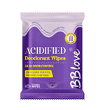 Purple package of acidified deodorant wipes with BBlove branding on a white background