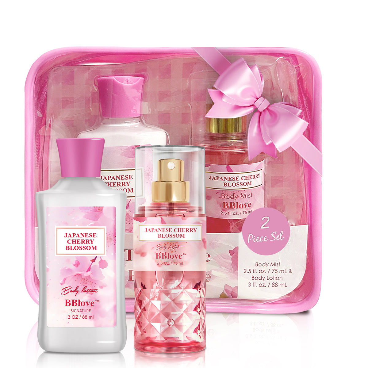 Bath & Body Works Japanese Cherry Blossom gift set with bottles and a pink carrying case.
