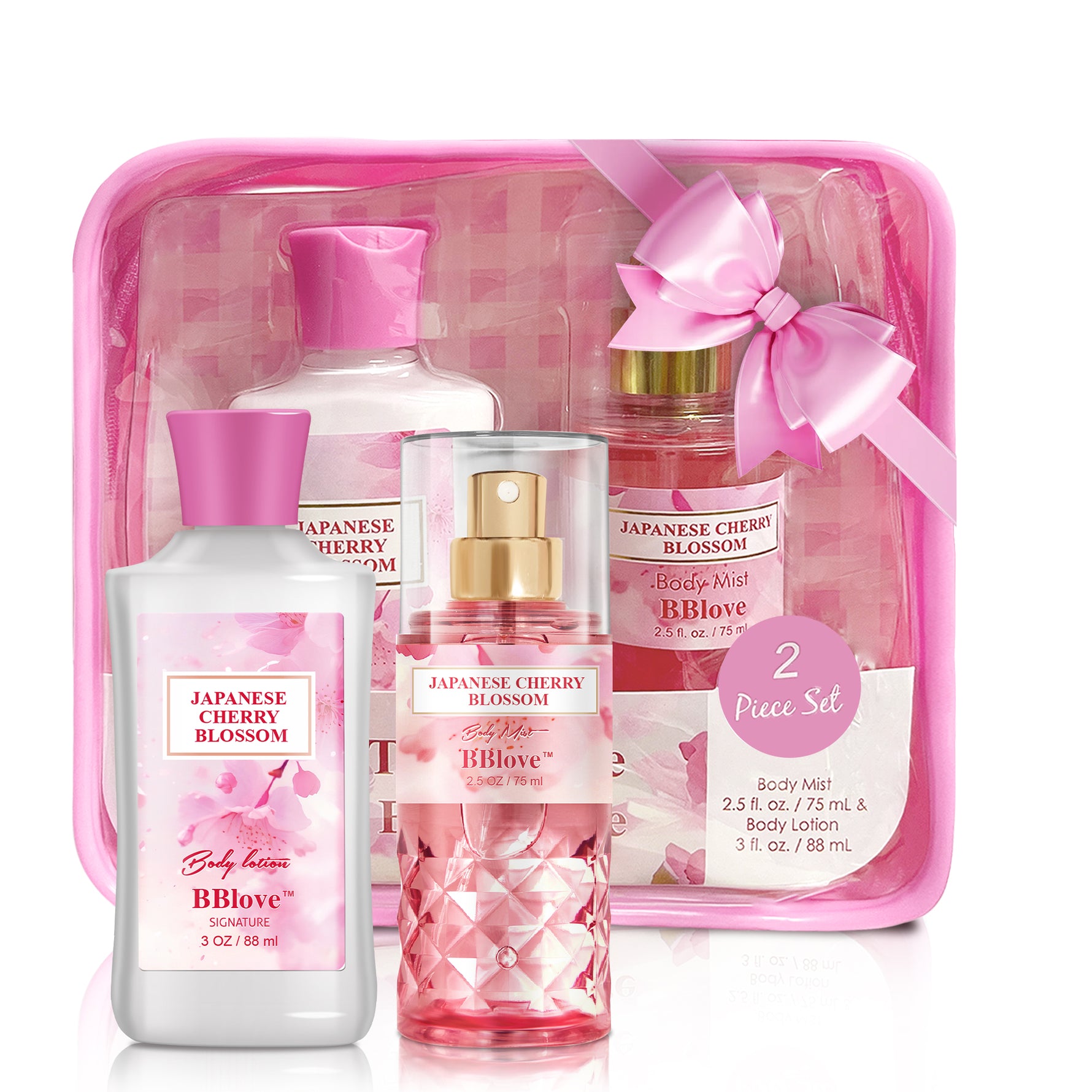 Bath & Body Works Japanese Cherry Blossom gift set with bottles and a pink carrying case.
