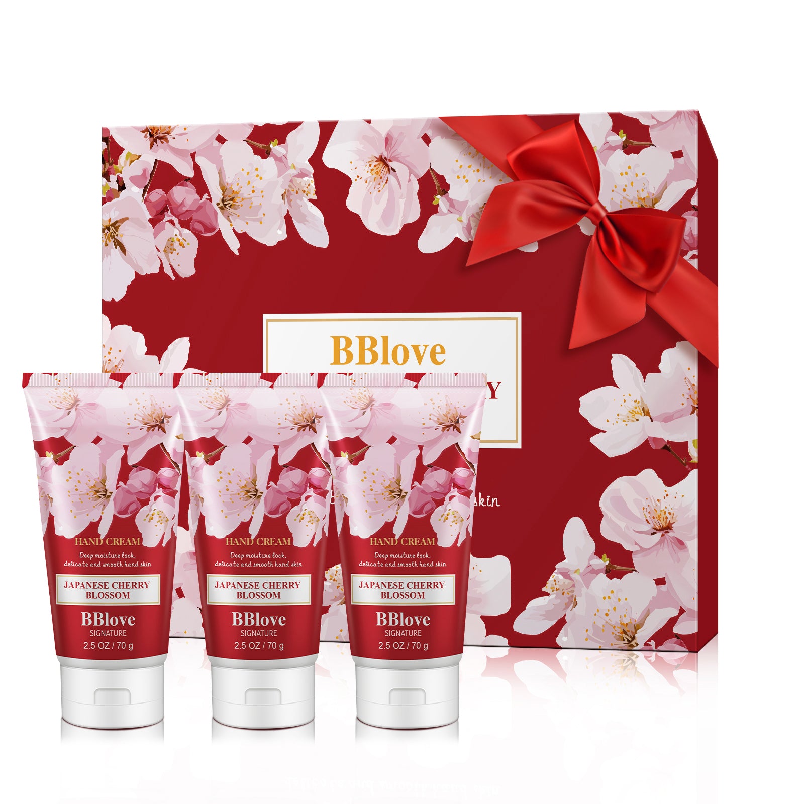 BBlove hand cream set with cherry blossom design on a white background