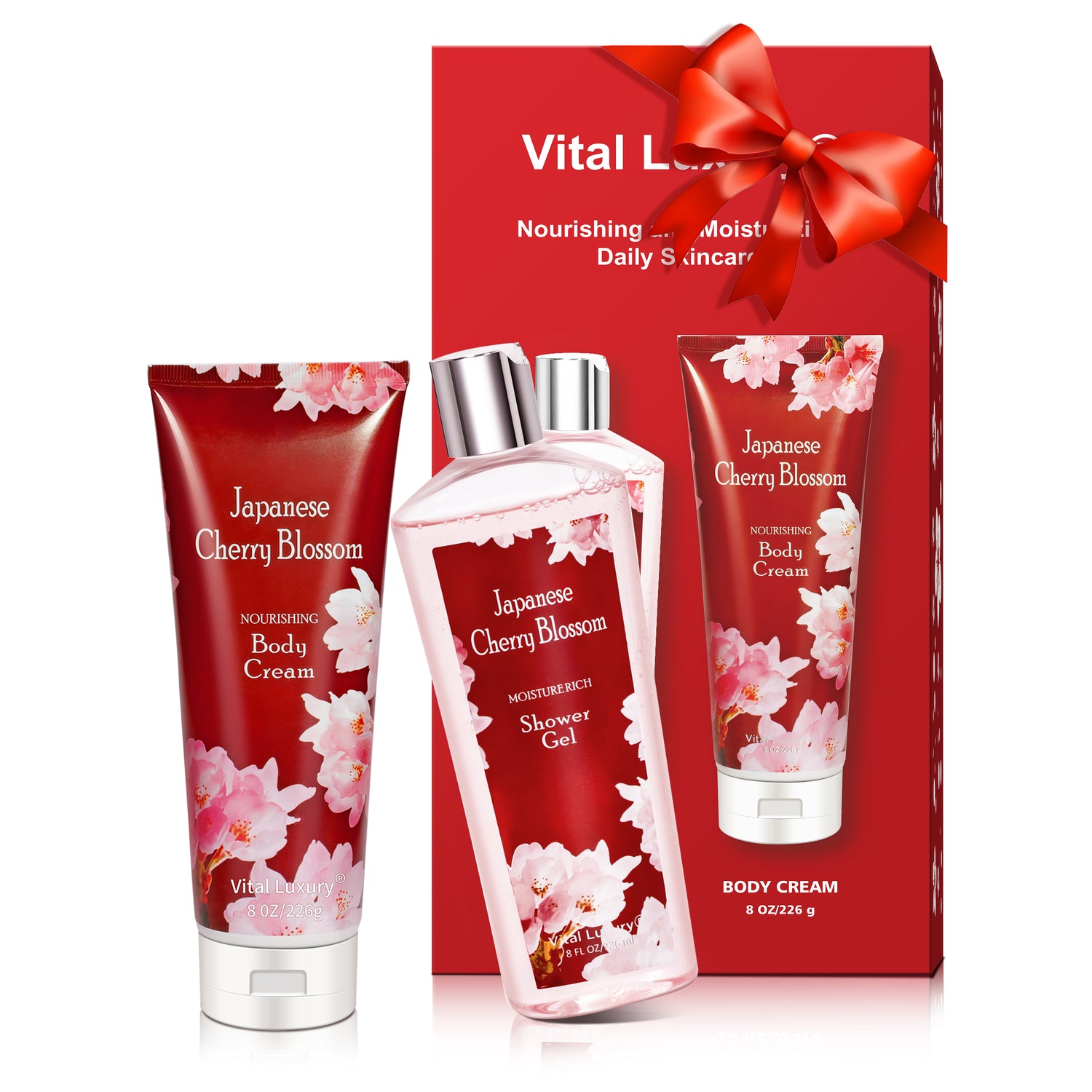 Japanese Cherry Blossom Bath and Body Shower Gel and Body Cream Set - 8 fl.oz / 236mL Each (2-Piece Bundle)