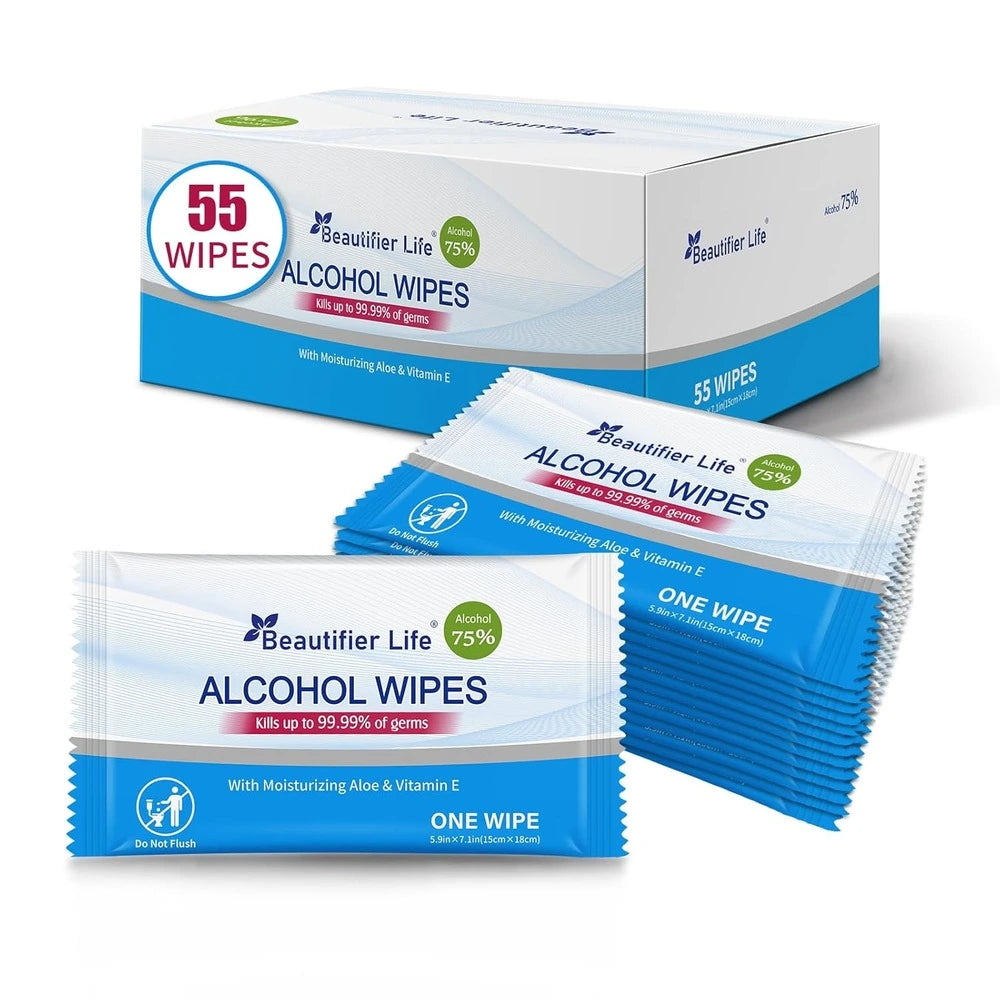 Box of Beautifier Life alcohol wipes with individual packets on a white background