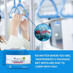 Alcohol wipes being used on a public transportation handle with promotional text about their effectiveness.