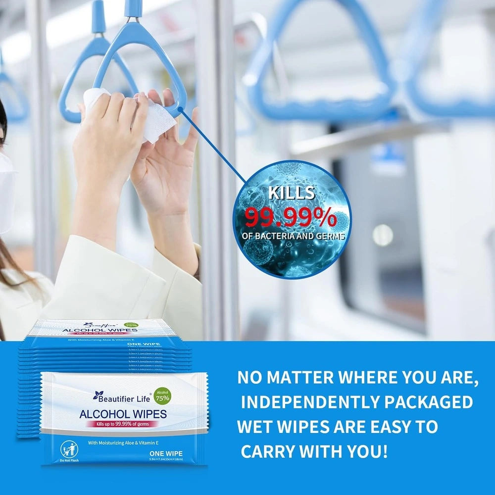 Alcohol wipes being used on a public transportation handle with promotional text about their effectiveness.