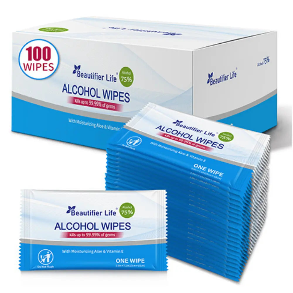 Box of Beauifier Life alcohol wipes with individual packets on a white background