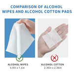 Comparison of alcohol wipes and alcohol cotton pads with text and measurements.