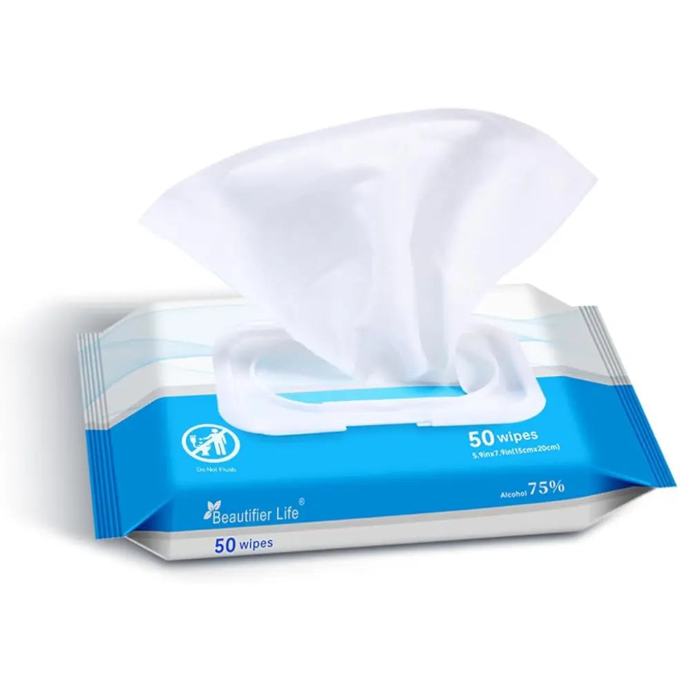 a sheet of wipe being pulled out from a pack of 75% alcohol wet wipes
