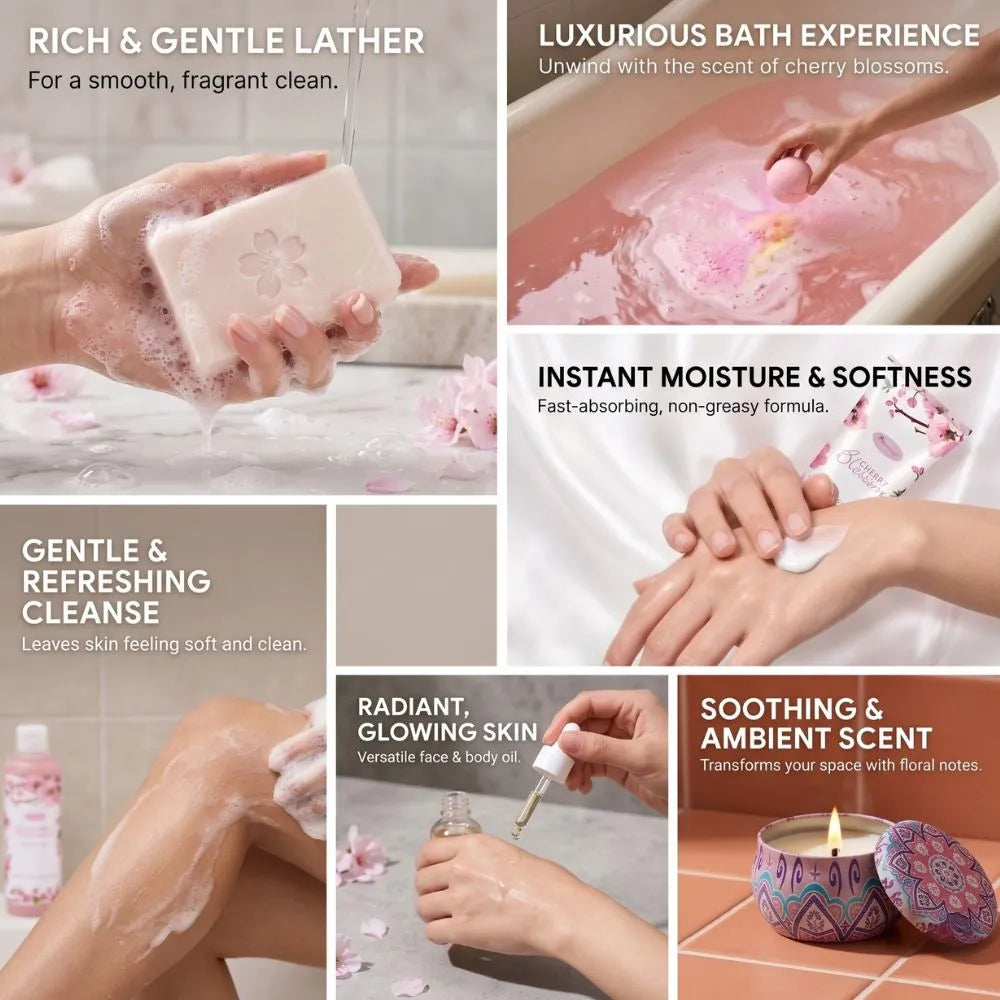 Bath and Body Gift Set - Japanese Cherry Blossom 7-Piece Set (Shower Gel, Body Lotion, Bath Oil, Bath Salt, Soap, Bath Bombs and Candle)