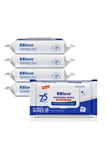 Multiple packages of BLove alcohol wipes on a white background