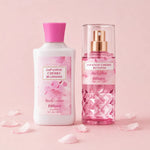 Japanese Cherry Blossom two-piece set with body lotion and body mist on a soft pink background