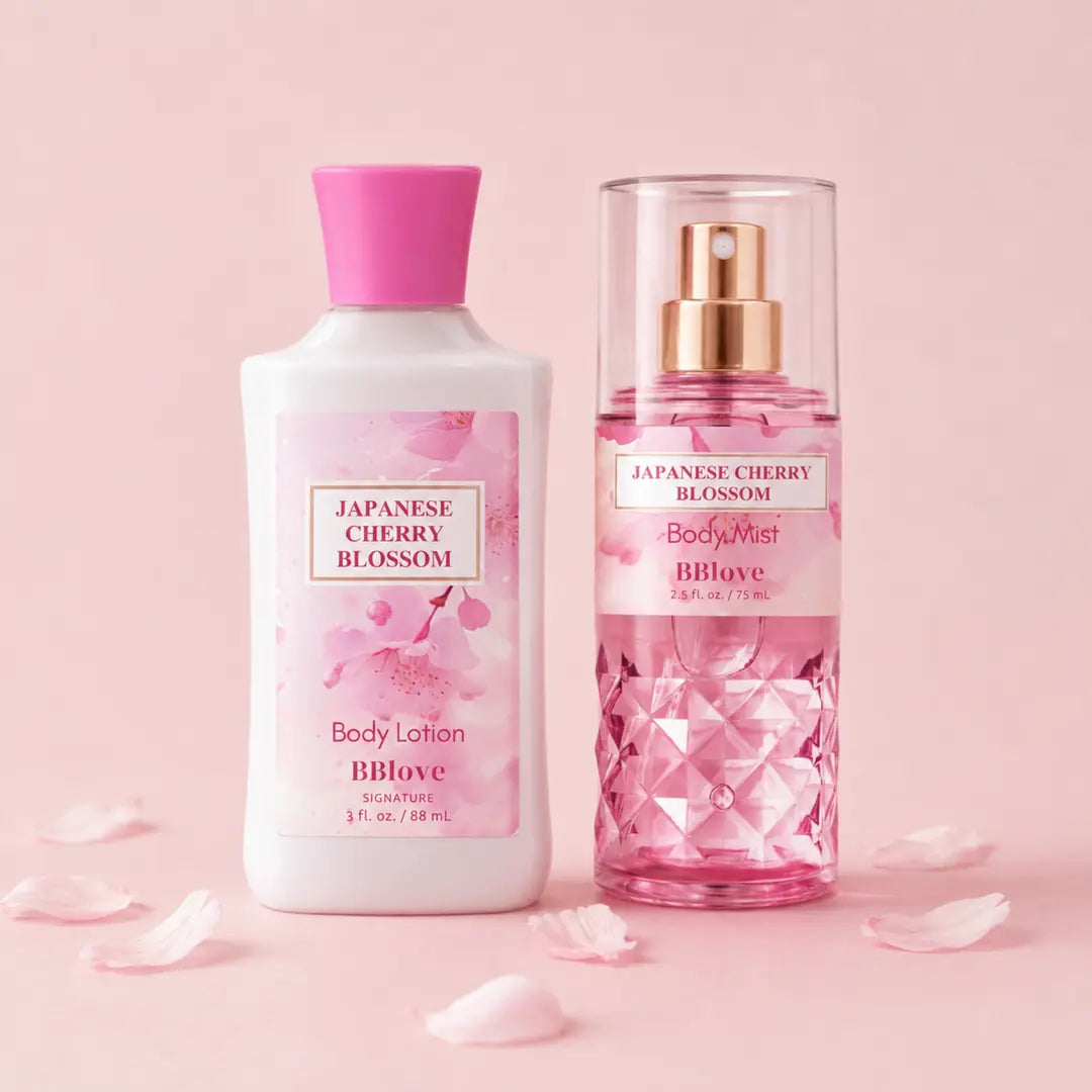 Japanese Cherry Blossom two-piece set with body lotion and body mist on a soft pink background