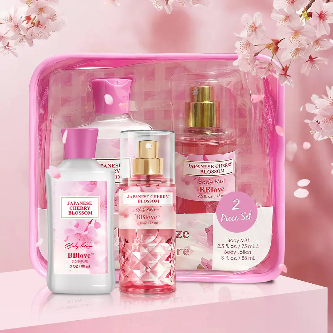 Japanese Cherry Blossom two-piece gift set in a reusable zippered cosmetic pouch