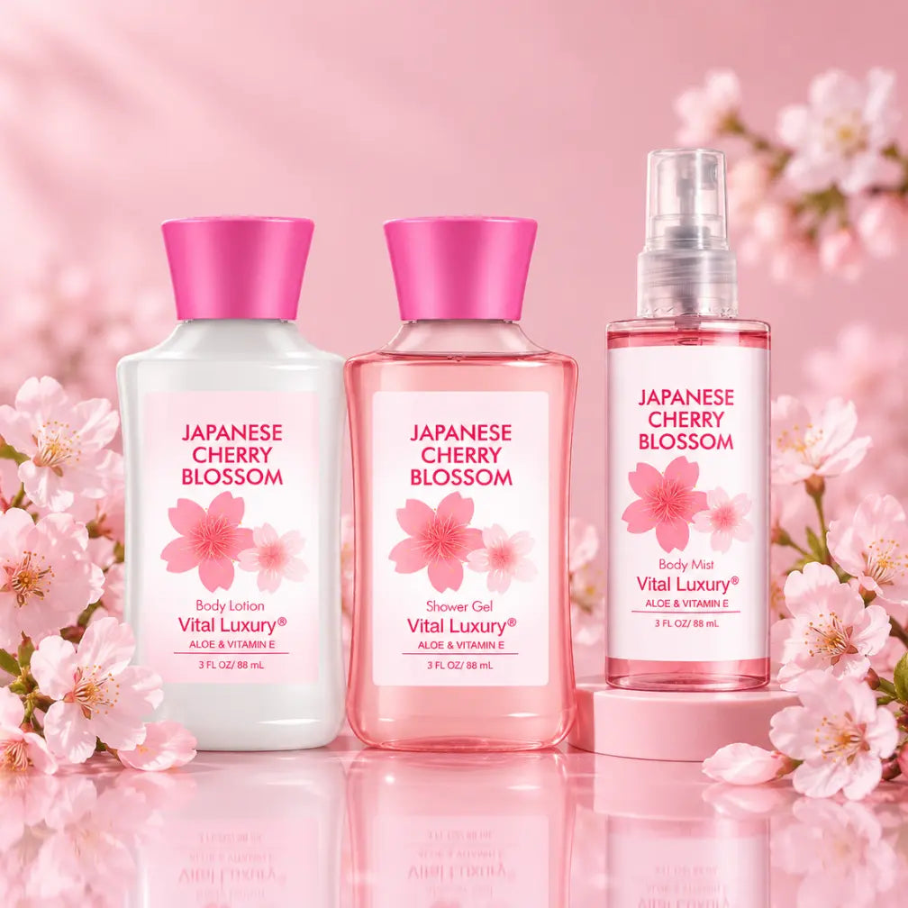Japanese Cherry Blossom Travel Bath & Body Gift Set – 3-Piece Mini Spa Kit
