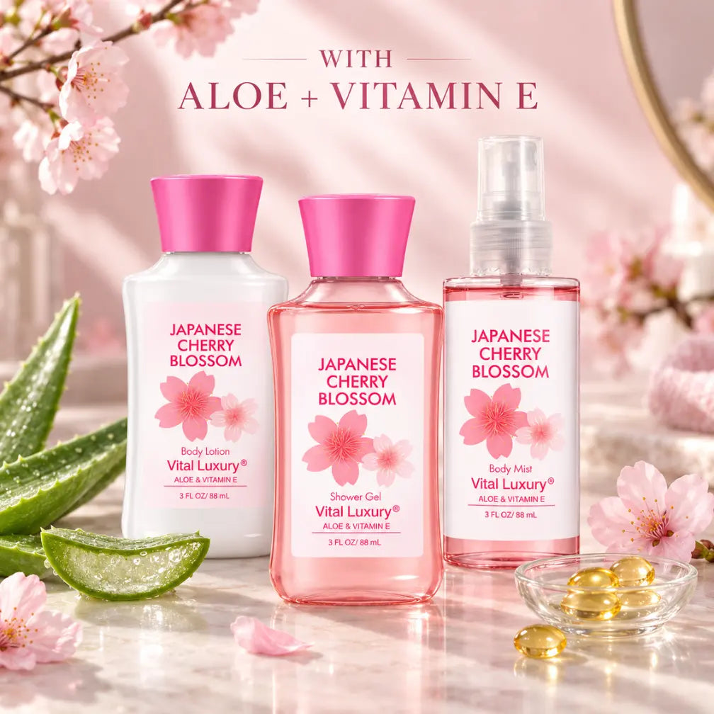 Japanese Cherry Blossom Travel Bath & Body Gift Set – 3-Piece Mini Spa Kit