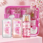 Japanese Cherry Blossom three-piece gift set in a reusable zippered cosmetic pouch