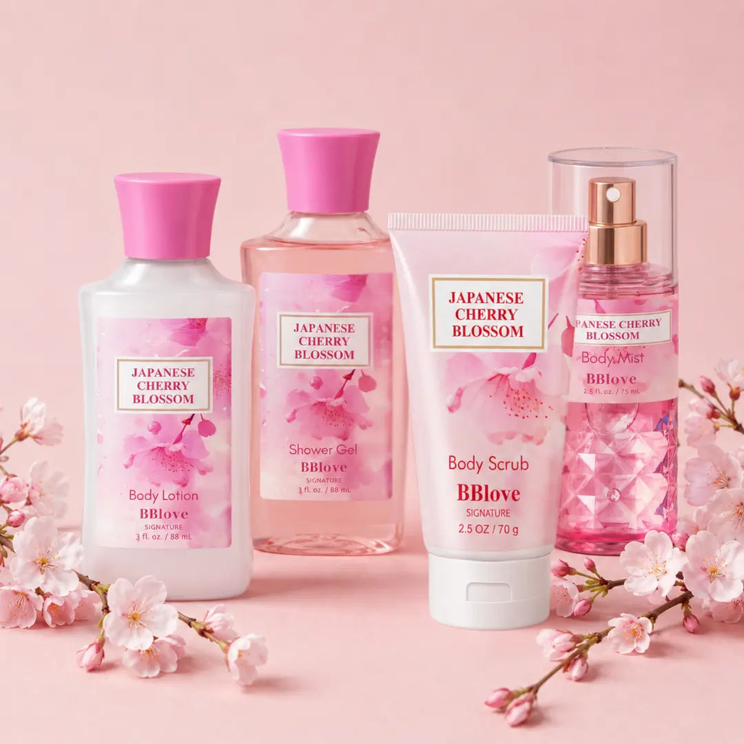 Japanese Cherry Blossom four-piece set with shower gel, body scrub, body lotion, and body mist