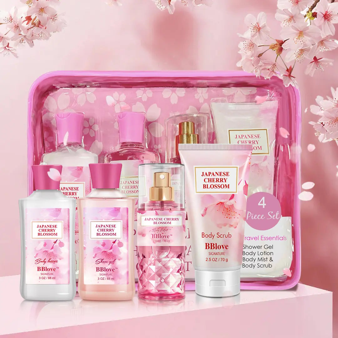 Japanese Cherry Blossom four-piece gift set in a reusable zippered cosmetic pouch