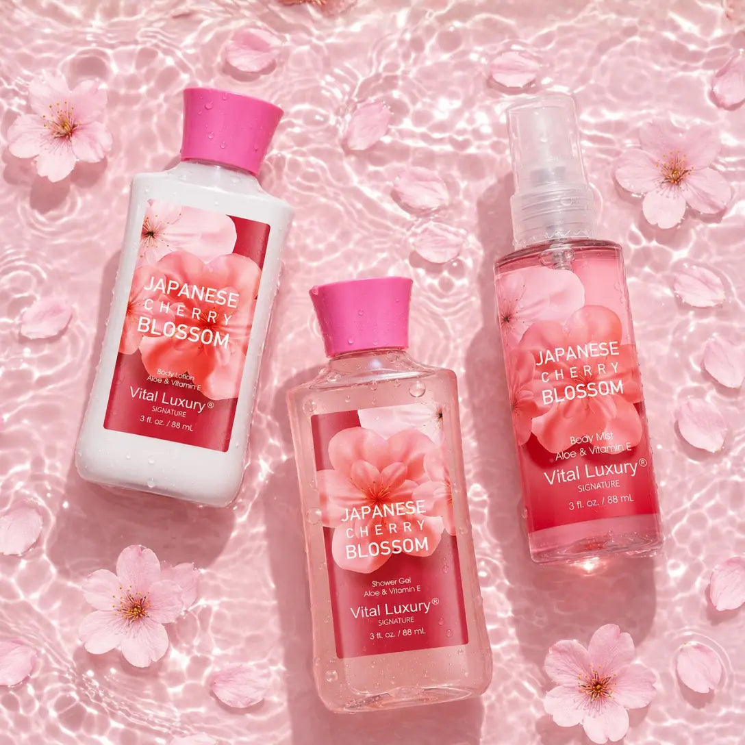 Japanese Cherry Blossom 3-piece travel bath and body set