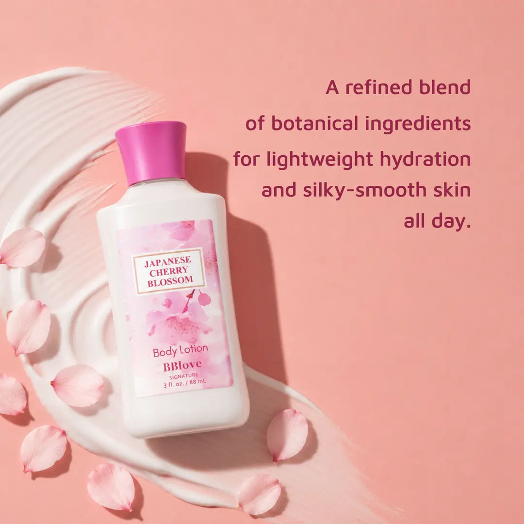 Japanese Cherry Blossom body lotion with lotion smear and benefit feature