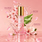 Japanese Cherry Blossom Body Mist with cherry blossom, aloe vera, and magnolia flower ingredients on a pink background