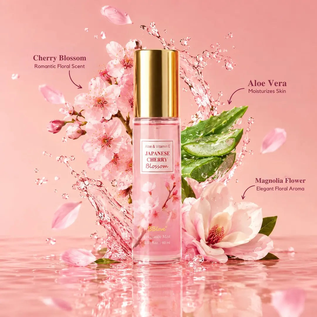 Japanese Cherry Blossom Body Mist with cherry blossom, aloe vera, and magnolia flower ingredients on a pink background