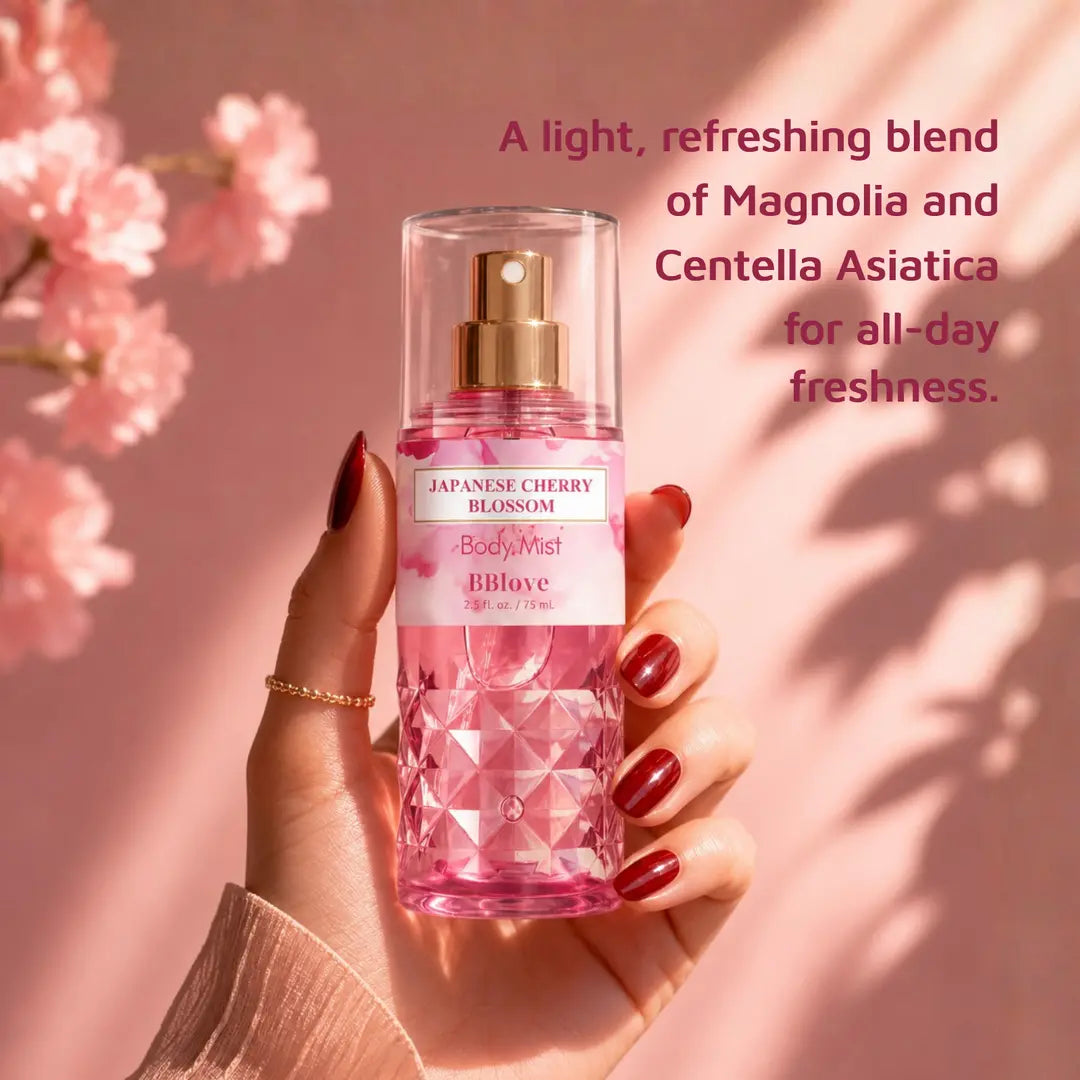 Japanese Cherry Blossom body mist displayed against a soft pink floral background