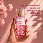 Japanese Cherry Blossom body mist displayed against a soft pink floral background
