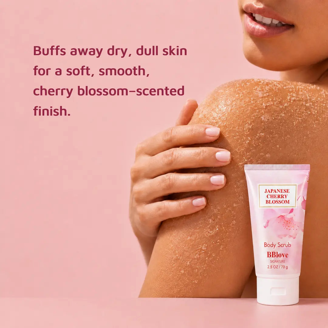 Japanese Cherry Blossom body scrub with exfoliating texture shown on skin