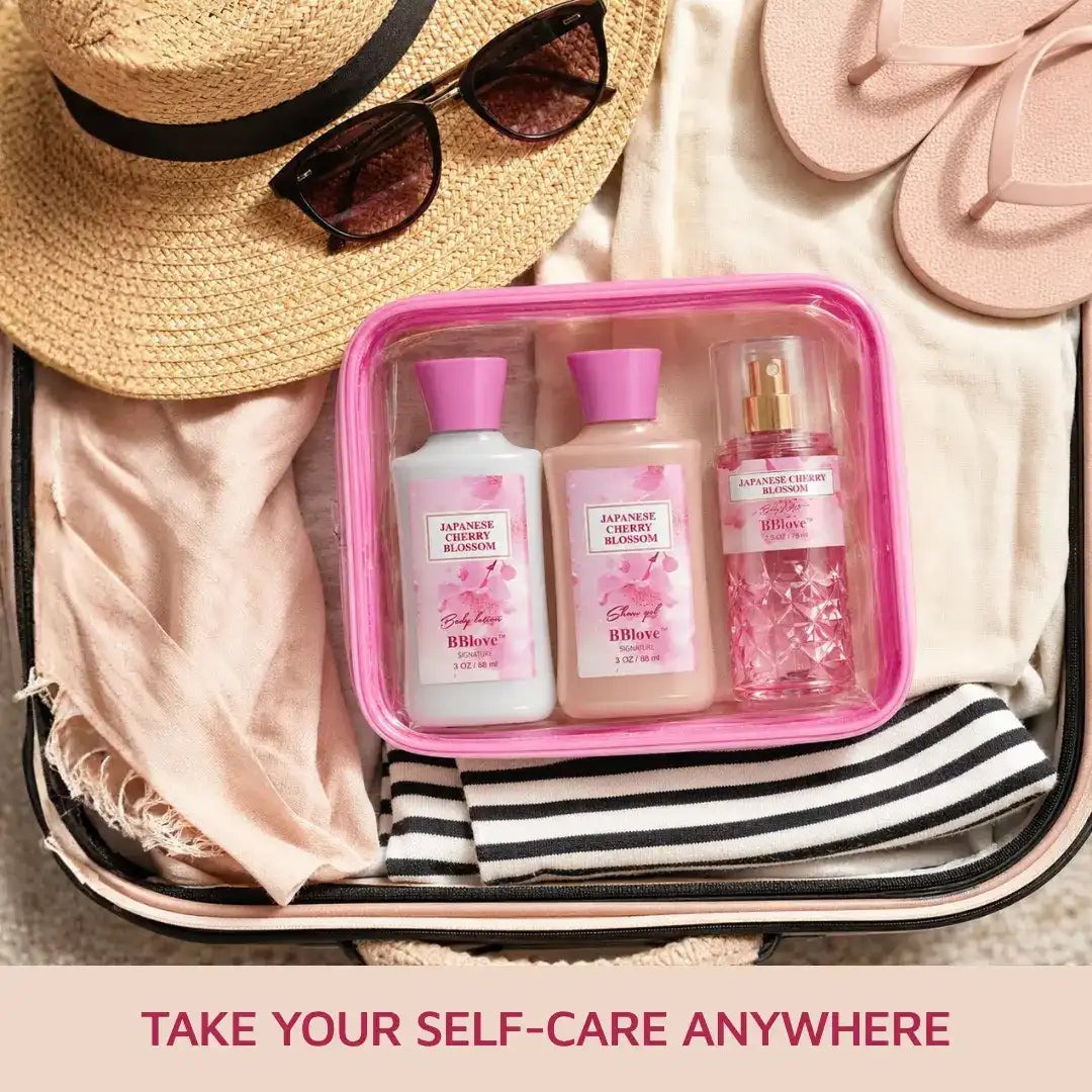 Travel-size Japanese Cherry Blossom three-piece set arranged with a straw hat, sunglasses, and slippers