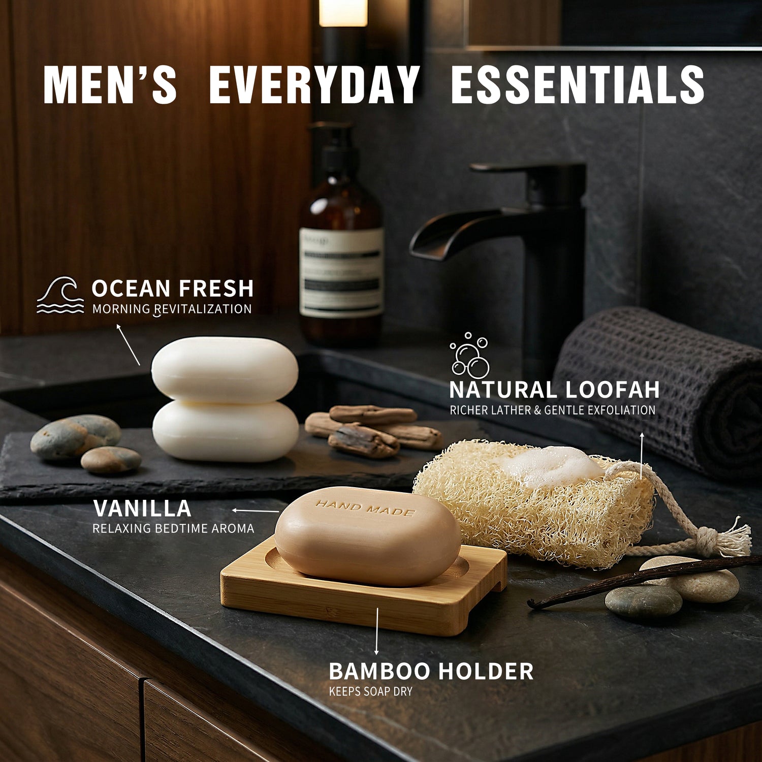 Men's Luxury Gift Box: 3 Moisturizing Handmade Bar Soaps (Vanilla & Ocean Scented)
