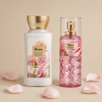 Rose two-piece bath set with body lotion and body mist on a beige display