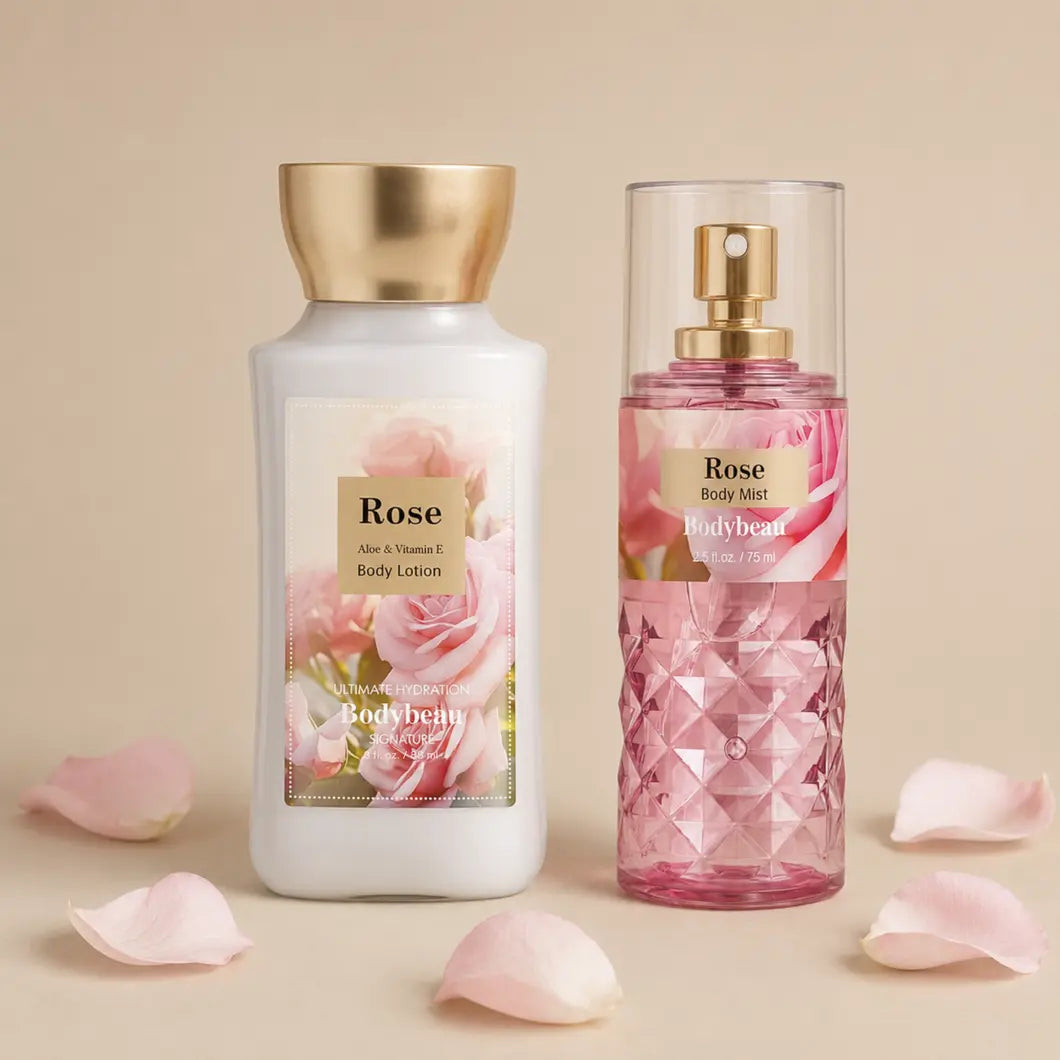 Rose two-piece bath set with body lotion and body mist on a beige display