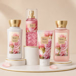 Rose four-piece bath set with body scrub, shower gel, body lotion, and body mist on a beige display
