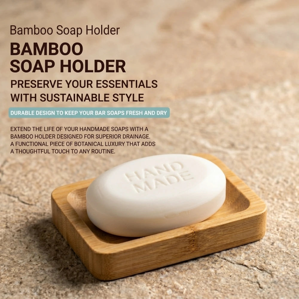 Bamboo soap holder with a bar of soap on a textured surface
