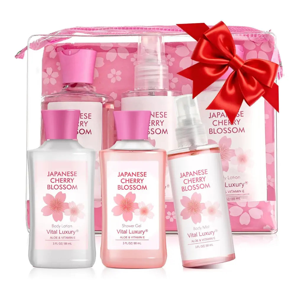 Japanese Cherry Blossom Travel Bath & Body Gift Set – 3-Piece Mini Spa Kit