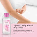 Japanese Cherry Blossom body lotion with a person applying it to their arm on a light background