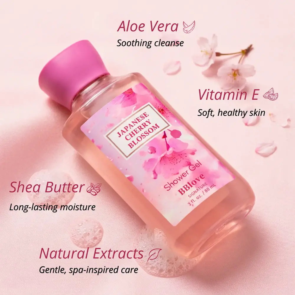 bath and body care japanese cherry blossom kit shower gel infographic