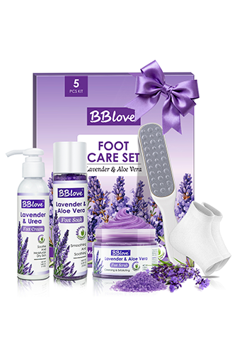 Lavender Foot Soak Set - Moisturizing Gel Socks, Foot File,Salt, Scrub, Foot Cream-5-in-1 Spa Care Kit